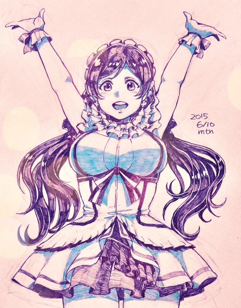 1girl, aebj, arms_up, breasts, cowboy_shot, dated, earrings, floating_hair