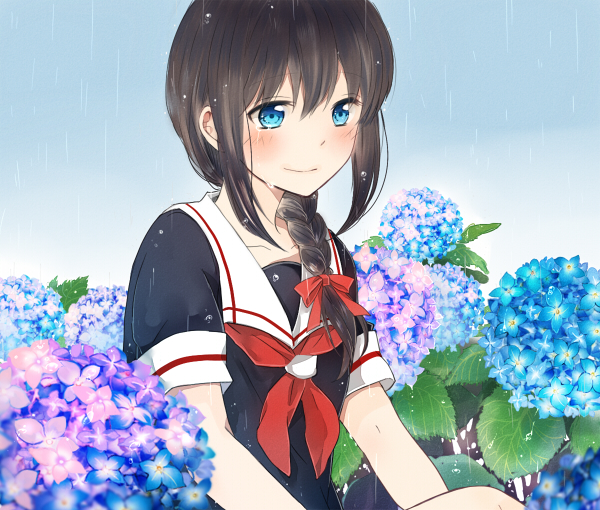 1girl, blue_eyes, braid, brown_hair, flower, flower_request, fukusuke_teitoku, hydrangea, kantai_collection, rain, school_uniform, serafuku, shigure_(kantai_collection), single_braid, sitting, smile, solo, upper_body