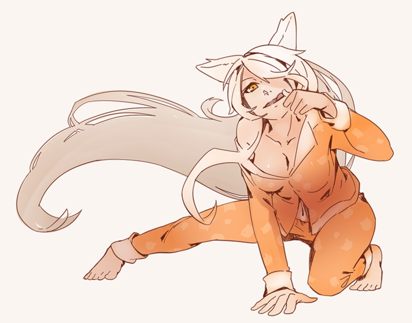 1girl, 3four, all_fours, animal_ears, bakemonogatari, barefoot, black_hanekawa, breasts