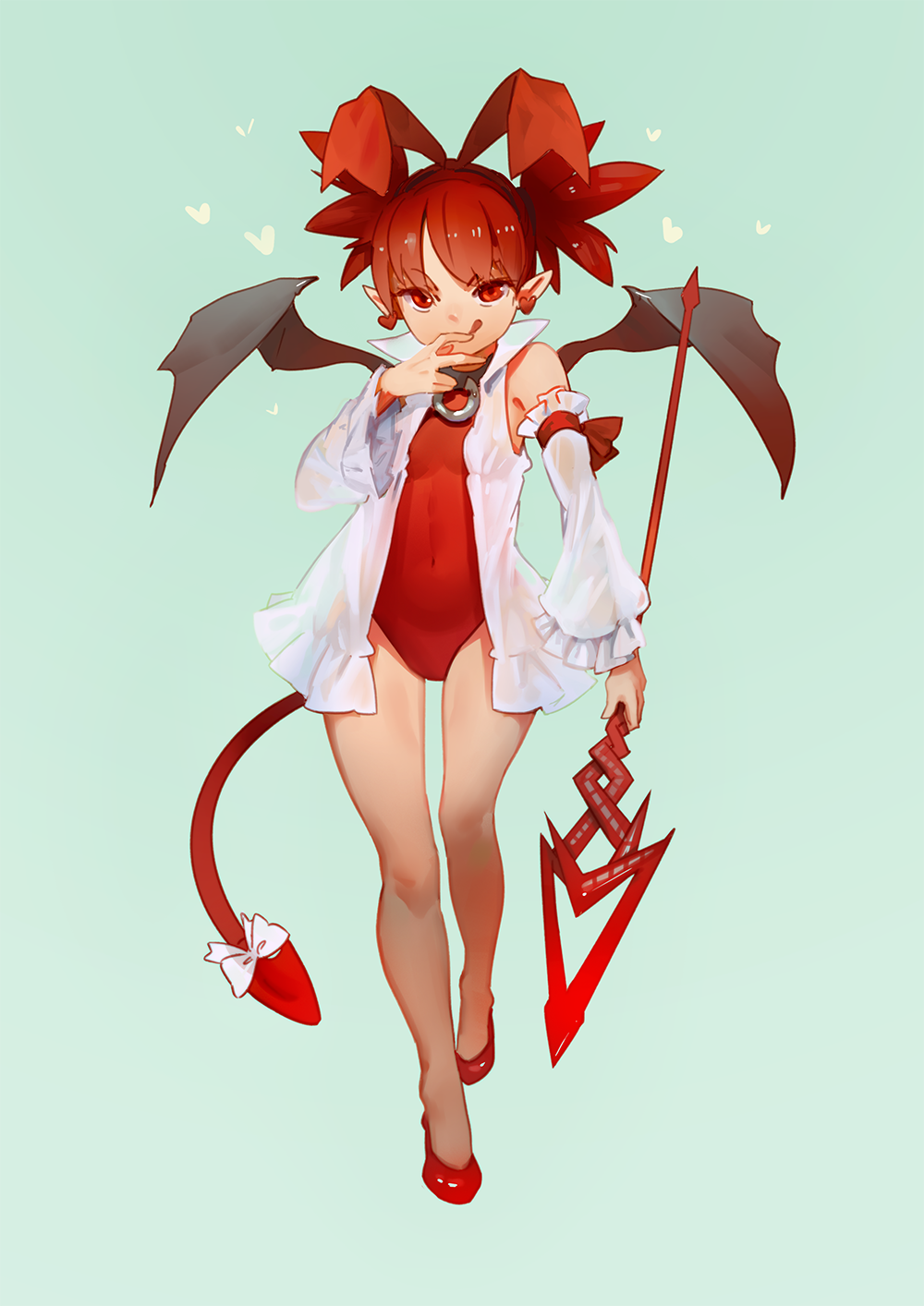 1girl, 3four, aqua_background, bare_legs, bow, cosplay, covered_navel, demon_tail