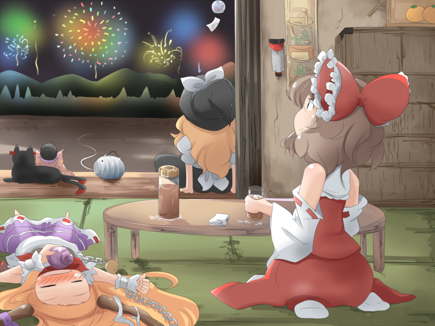 4girls, :d, aerial_fireworks, arms_up, blonde_hair, blush, bow, bowl_hat