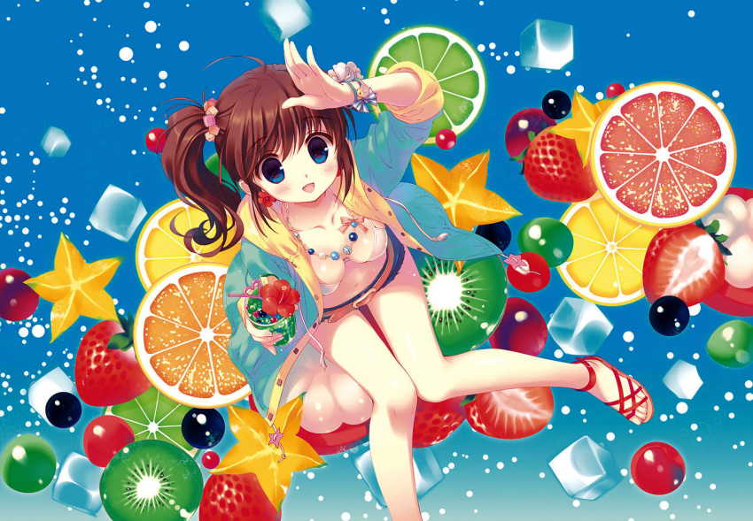 1girl, arm_up, bangs, bikini, bikini_top, blue_background, blue_eyes, bracelet