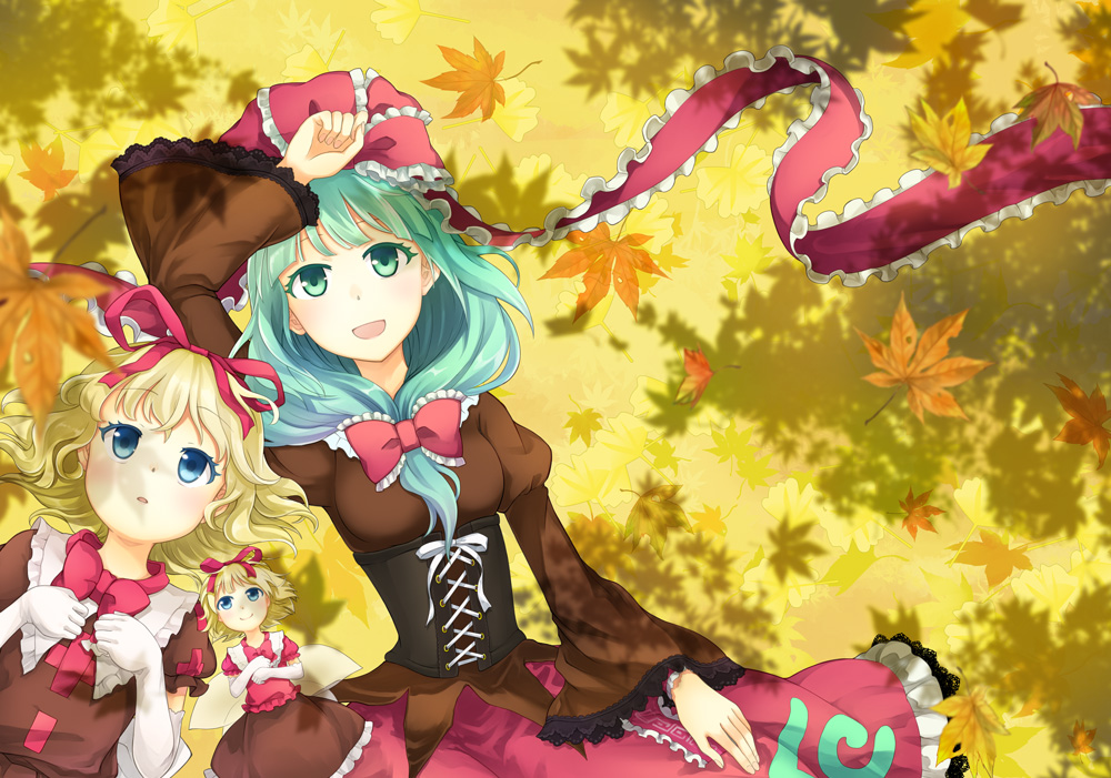 2girls, :d, autumn_leaves, blonde_hair, blue_eyes, corset, elbow_gloves, front_ponytail, gloves, green_eyes, green_hair, hair_ribbon, hand_on_own_forehead, hands_on_own_chest, juliet_sleeves, kagiyama_hina, layered_dress, leaf, long_hair, long_sleeves, looking_at_viewer, lying, maple_leaf, medicine_melancholy, mito_tsubaki, multiple_girls, on_back, open_mouth, puffy_sleeves, ribbon, shade, short_hair, smile, su-san, touhou, wings