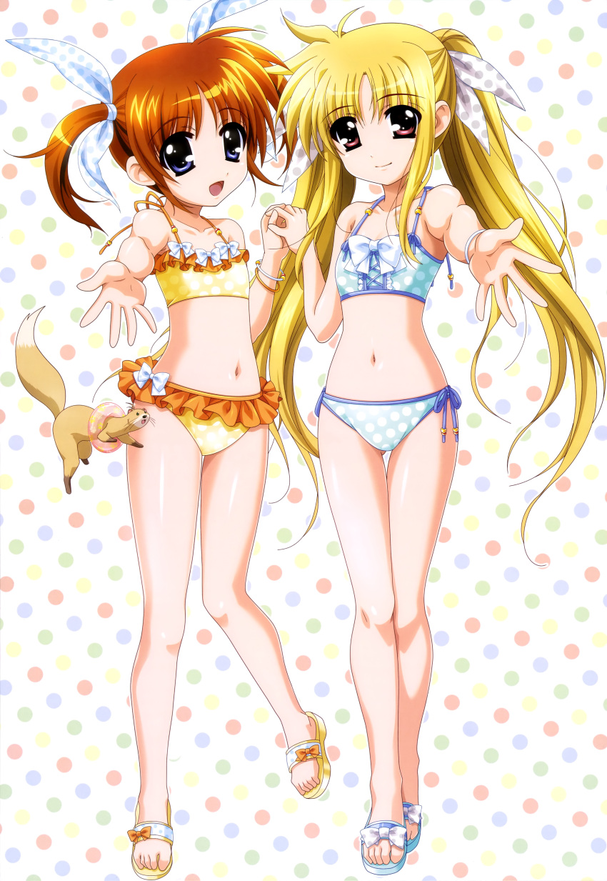 2girls, :d, absurdres, bare_shoulders, bikini, bikini_skirt, blonde_hair, blush