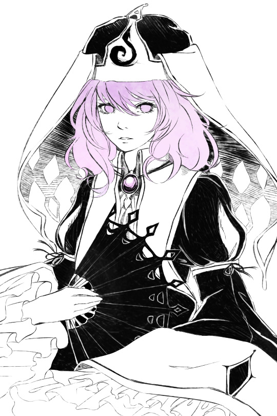 1girl, fan, gem, igyouhime, koumajou_densetsu, koumajou_densetsu_2, lavender_eyes, lavender_hair