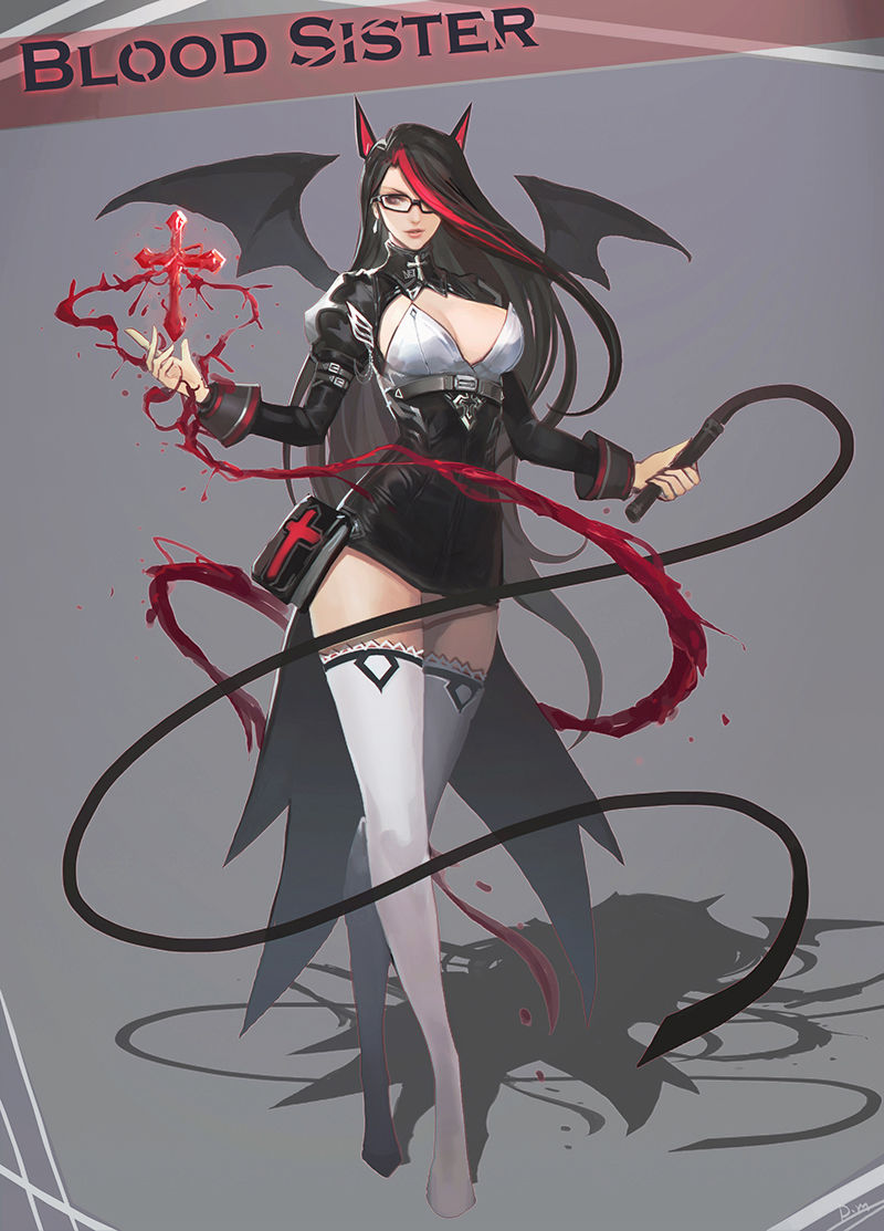 1girl, bat_wings, bible, black_hair, blood, breasts, cleavage, earrings