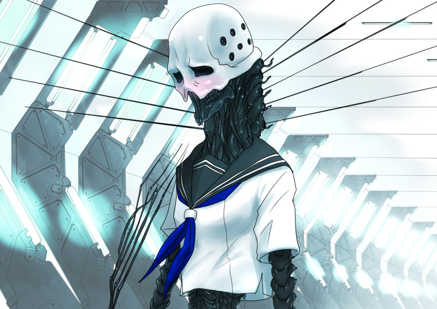 1girl, blame_gakuen!, blush, commentary_request, davine_lu_linvega, haidara1, hallway, lamp