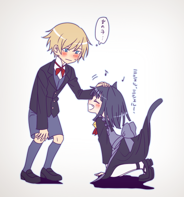 1boy, 1girl, animal_ears, apron, bangs, bell, black_hair, blonde_hair