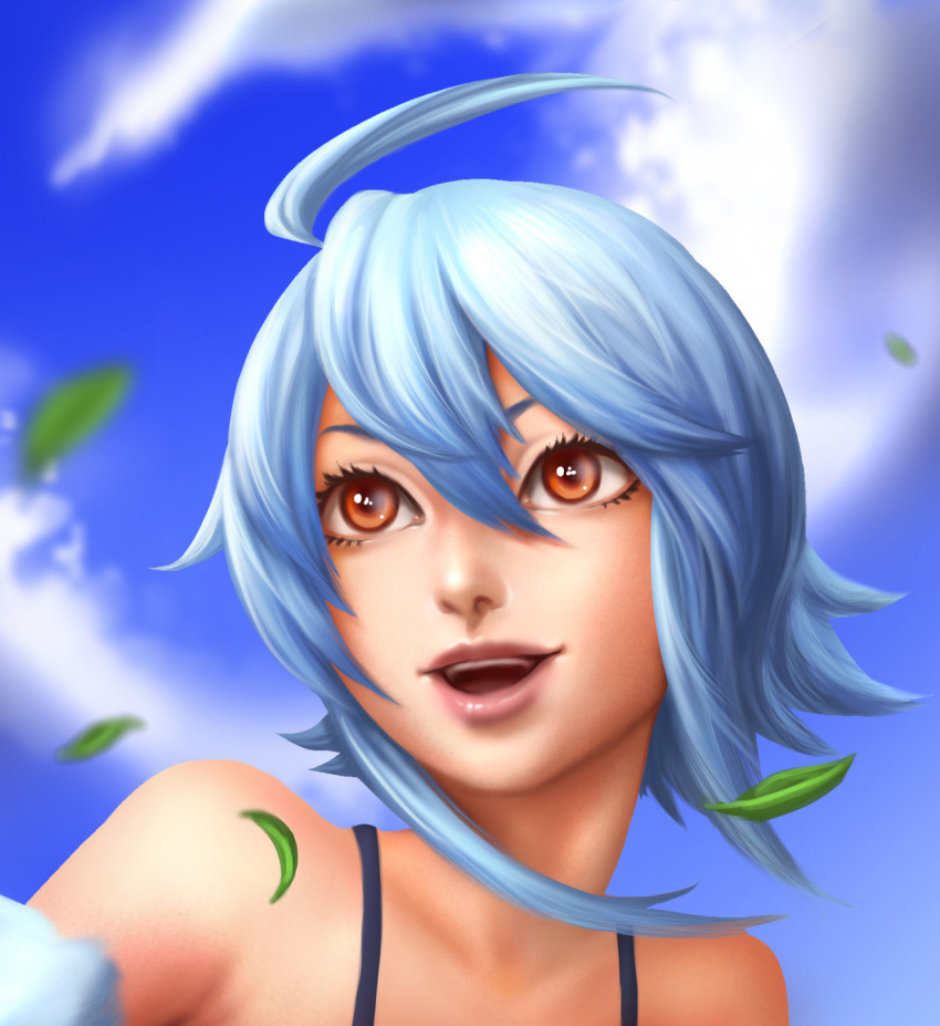 1girl, :d, ahoge, blue_hair, blue_sky, clouds, harpy, highres, kenneth_tham_rui_yong, leaf, monster_girl, monster_musume_no_iru_nichijou, open_mouth, orange_eyes, outdoors, papi_(monster_musume), portrait, realistic, sky, smile, solo
