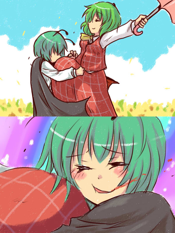 antennae, aoi_tobira, ascot, bad_id, blood, cape, closed_eyes, flower