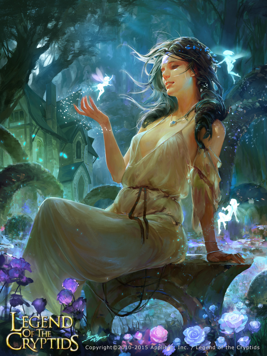 1girl, 2015, aloysia_(legend_of_the_cryptids), bangle, bench, black_hair, bracelet, breasts, cleavage, company_name, copyright_name, crowgod, dress, fairy, flower, hair_flower, hair_ornament, highres, house, jewelry, legend_of_the_cryptids, necklace, official_art, signature, sitting, white_dress