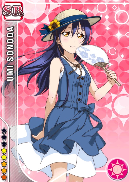blue_hair, blush, brown_eyes, character_name, dress, fan, hat, long_ahir