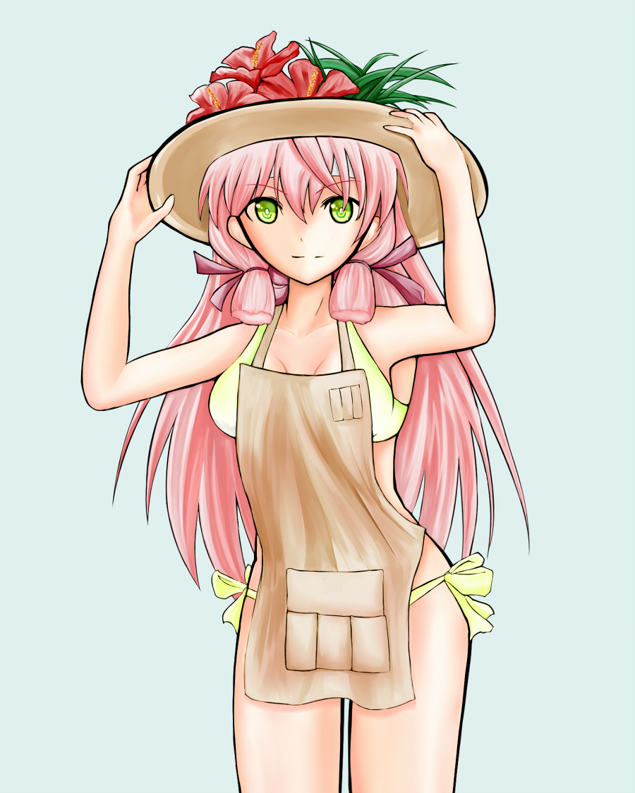 1girl, akashi_(kantai_collection), apron, bandana, bikini, commentary_request, el_(el406), flower
