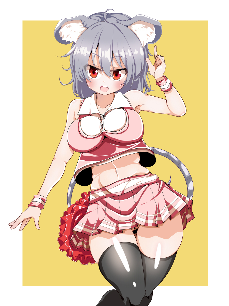 1girl, animal_ears, belly, black_legwear, blush, breasts, fat_folds, highres, large_breasts, looking_at_viewer, midriff, mouse_ears, mouse_tail, navel, nazrin, nekoro_(nekokabuto), open_mouth, pink_skirt, plump, red_eyes, short_hair, silver_hair, skirt, solo, tail, thick_thighs, thigh-highs, thighs, touhou, yellow_background