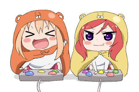 >_<, 2girls, animal_costume, artist_request, blonde_hair, blush, chibi, controller