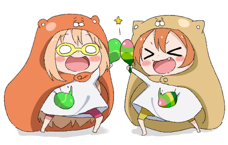 >_<, 2girls, animal_costume, artist_request, blonde_hair, blush, chibi, doma_umaru
