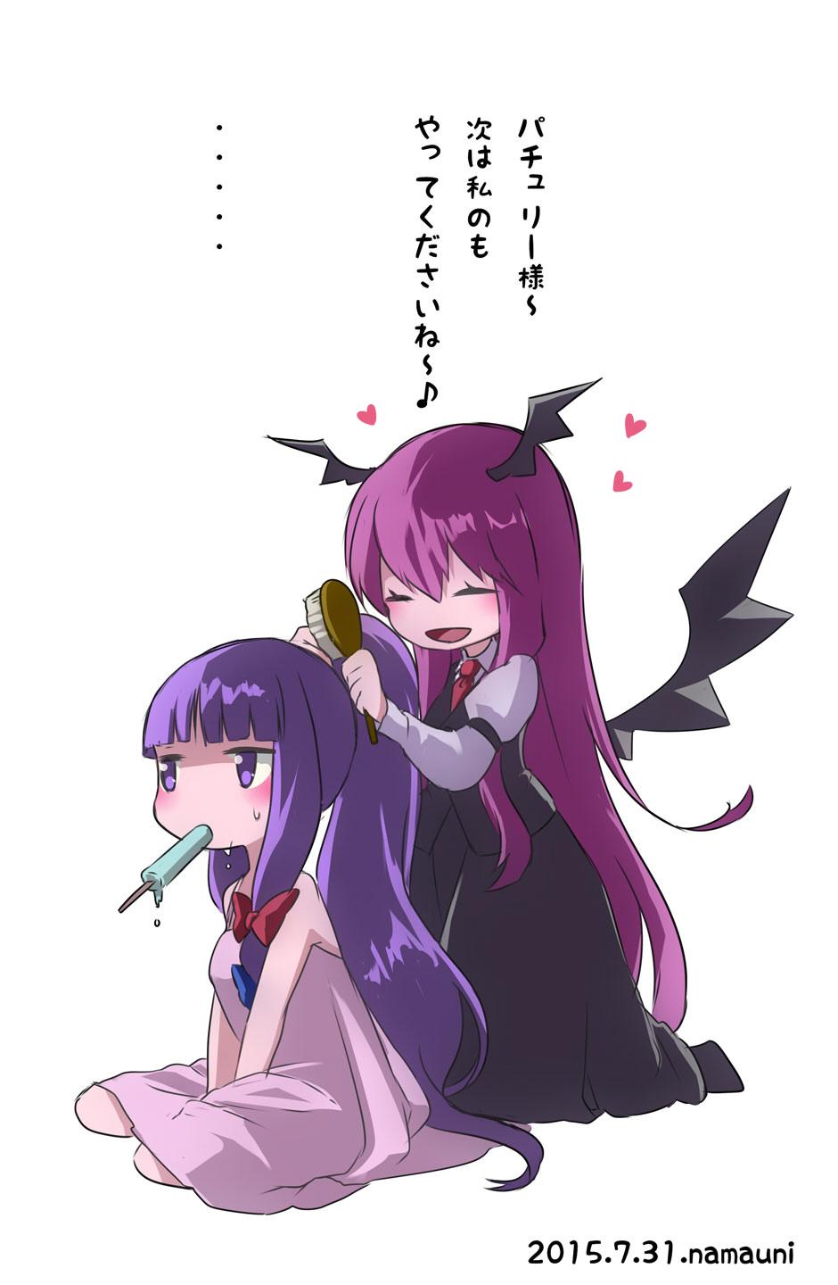 2girls, alternate_costume, alternate_hairstyle, artist_name, bat_wings, blush, brush, closed_eyes