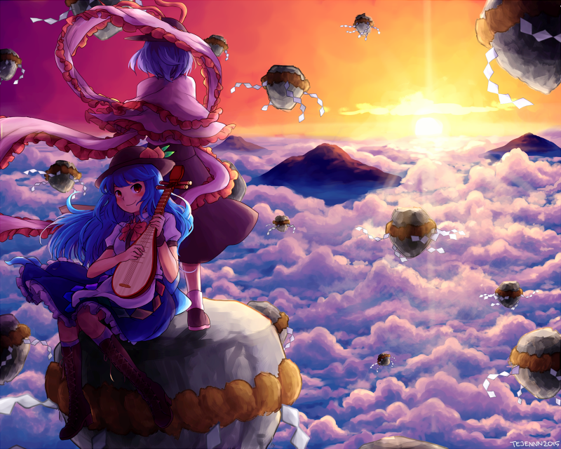 2girls, artist_name, blue_hair, blush, boots, capelet, clouds, food, frills, fruit, full_body, hat, hat_ribbon, hinanawi_tenshi, instrument, layered_skirt, long_hair, looking_at_viewer, lute_(instrument), multiple_girls, nagae_iku, peach, puffy_sleeves, red_eyes, ribbon, rock, rope, shawl, shimenawa, short_hair, short_sleeves, sitting, skirt, socks, sunlight, tejennn, touhou, white_legwear