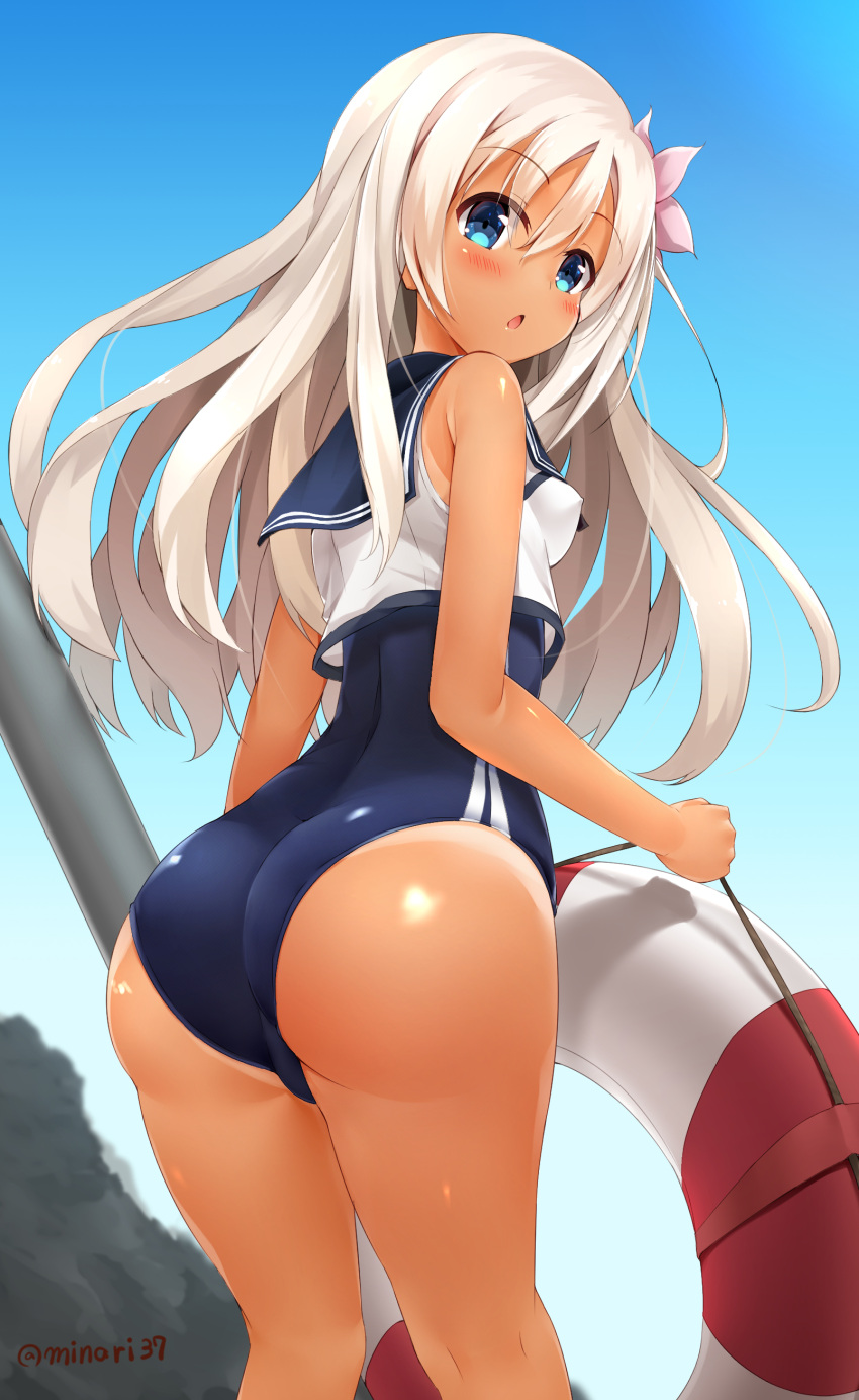 1girl, absurdres, artist_name, ass, blue_eyes, blush, flower, from_behind, hair_flower, hair_ornament, highres, innertube, kantai_collection, looking_back, minari_(minari37), one-piece_swimsuit, ro-500_(kantai_collection), sailor_collar, solo, swimsuit, tan, tanline, white_hair