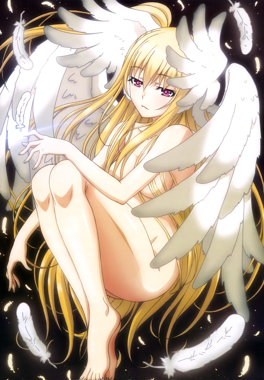 1girl, absurdres, black_background, blonde_hair, breasts, cleavage, date_a_live, feathers