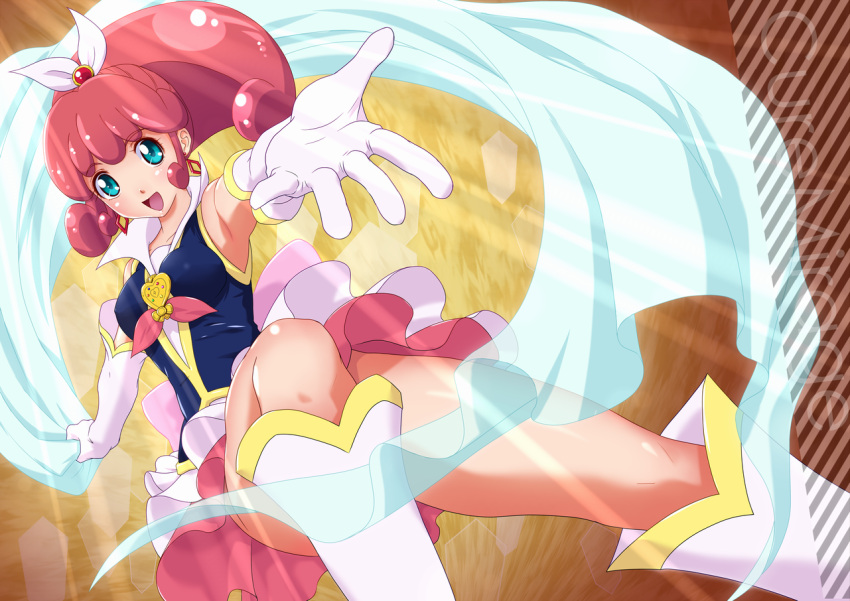 1girl, :d, blue_eyes, boots, brooch, character_name, cure_mirage, dengeki_gx