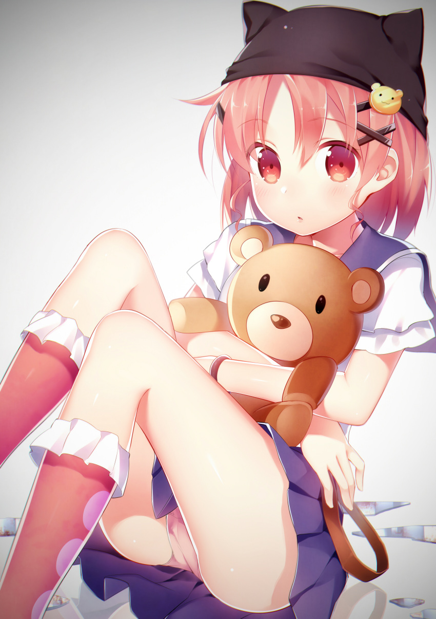 1girl, :o, absurdres, bear_hair_ornament, blue_skirt, gakkou_gurashi!, hair_ornament, hairclip