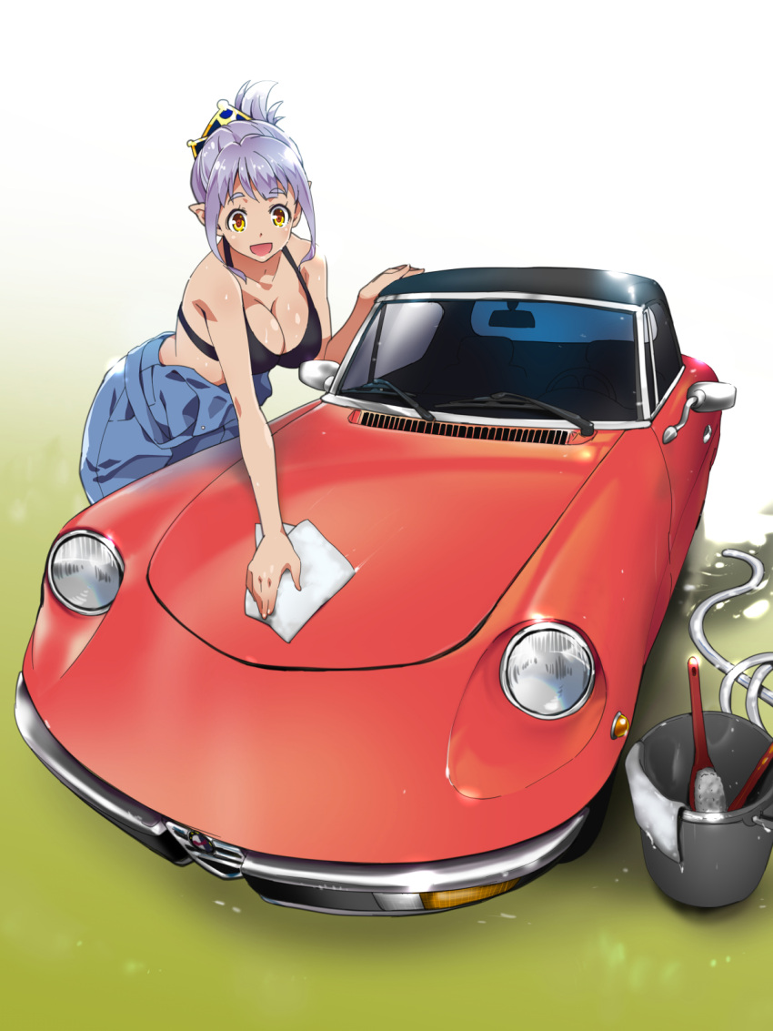 1girl, alfa_romeo, breasts, brush, bucket, car, cleavage, commentary_request