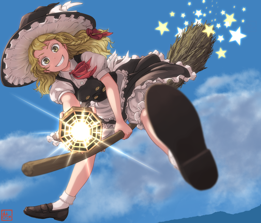 1girl, aiming_at_viewer, apron, black_dress, blonde_hair, bloomers, blue_sky, blurry