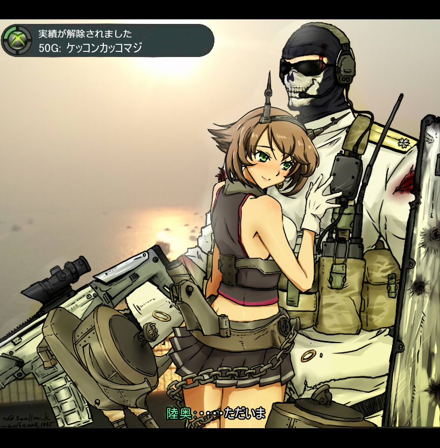 achievement_unlocked, admiral_(kantai_collection), assault_rifle, bare_shoulders, blood, blush, brown_hair, bushmaster_acr
