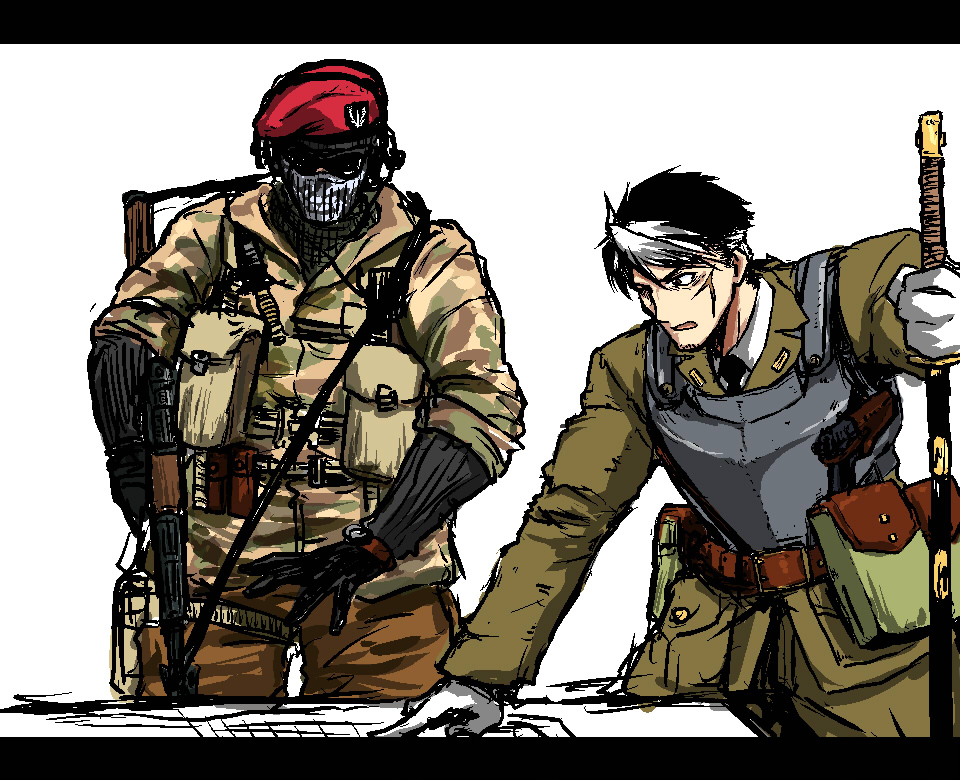 admiral_(kantai_collection), ak-47, armor, assault_rifle, beret, call_of_duty, ghost_(modern_warfare_2), gloves, gun, hat, kantai_collection, military, military_uniform, rifle, scar, short_hair, skull_mask, sword, uniform, weapon, wolf_(raidou-j)