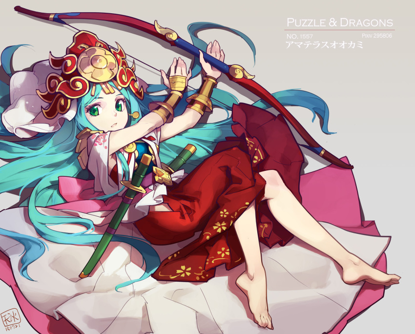 1girl, amaterasu_(p&amp;d), aqua_hair, barefoot, bow_(weapon), green_eyes, hair_ornament, hakama