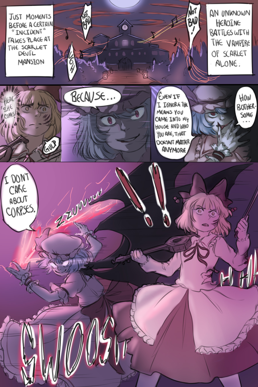 !!, 2girls, action, bat_wings, battle, blank_eyes, blonde_hair, blood