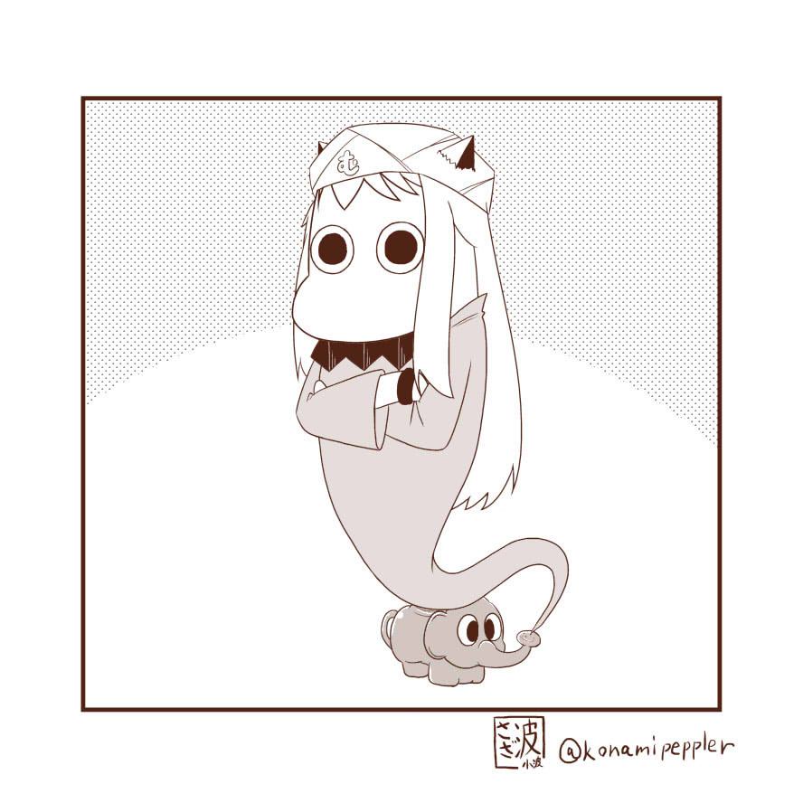 akinator, akinator_(cosplay), clothes, clothes_writing, commentary, crossed_arms, elephant, genie, hat, kantai_collection, lamp, moomin, moomintroll, muppo, northern_ocean_hime, sazanami_konami, turban, twitter_username