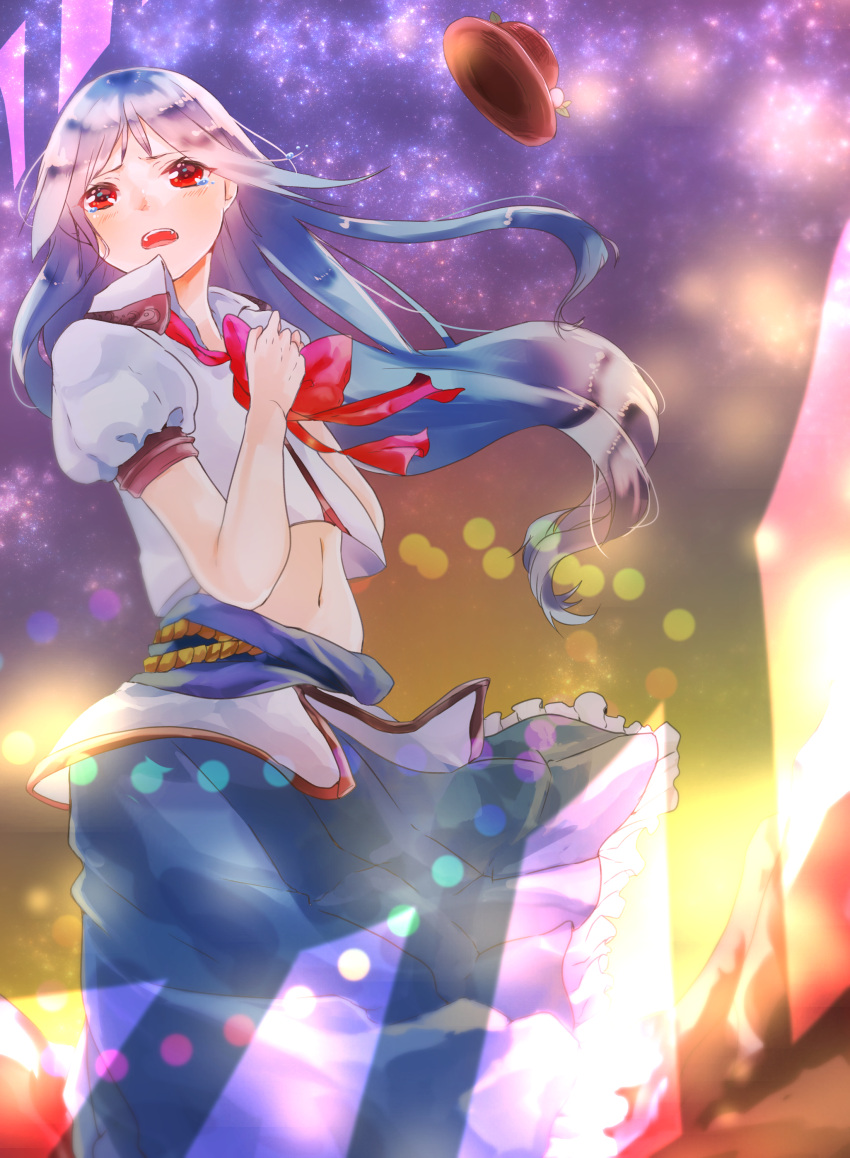 1girl, absurdres, adapted_costume, alternate_costume, atena_(k-kzk1842), blue_hair, blush, bow, hat, hat_removed, headwear_removed, highres, hinanawi_tenshi, long_hair, midriff, navel, open_mouth, puffy_sleeves, red_eyes, shirt, short_sleeves, skirt, solo, tears, touhou