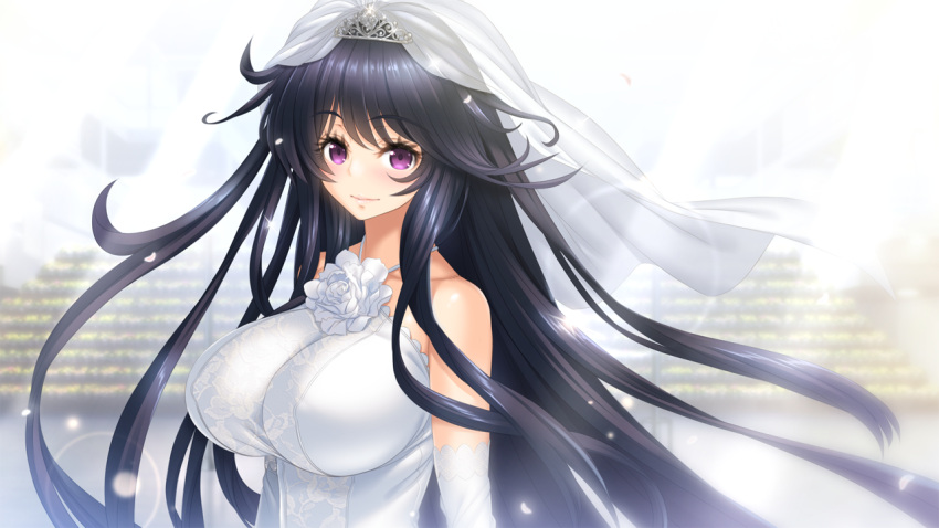 1girl, amanogawa_haruka_(hoshizora_no_babylon), black_hair, breasts, bridal_veil, dress, flower, game_cg