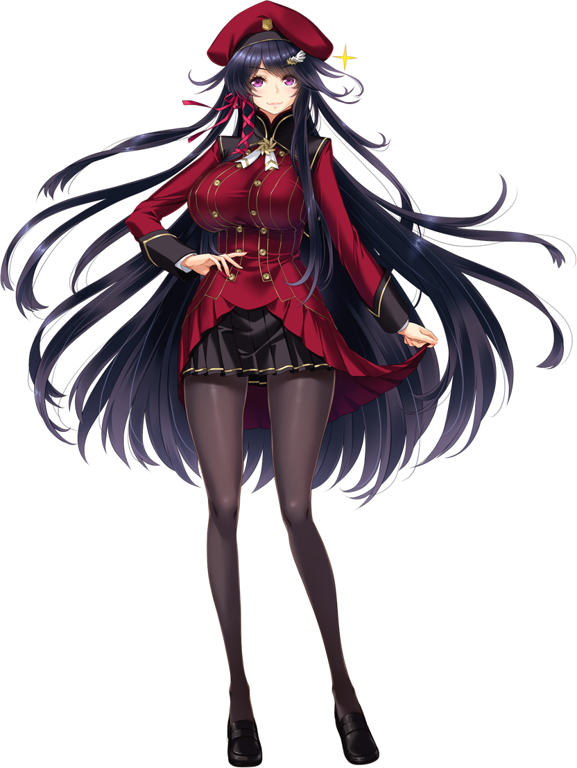 1girl, amanogawa_haruka_(hoshizora_no_babylon), beret, black_hair, breasts, game_cg, hair_ribbon, hat, hoshizora_no_babylon, large_breasts, loafers, long_hair, ogin_bara, pantyhose, pleated_skirt, ribbon, shoes, skirt, solo, sparkle, tress_ribbon, uniform, very_long_hair, violet_eyes
