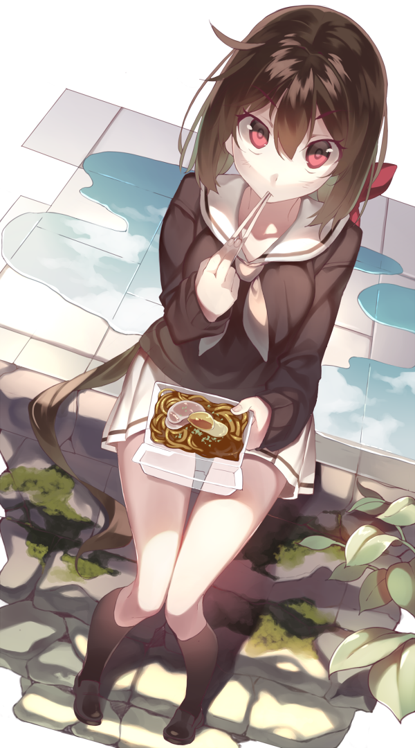 1girl, ahoge, ascot, black_legwear, bow, box, brown_hair, chopsticks