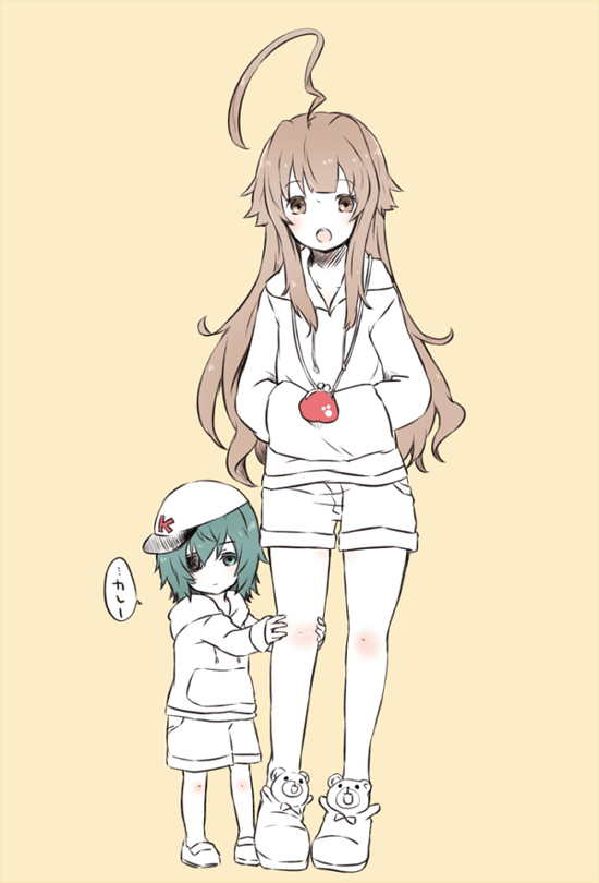 2girls, ahoge, alternate_costume, brown_eyes, brown_hair, eyepatch, green_eyes, green_hair