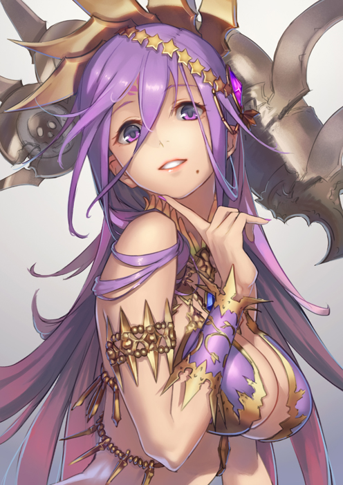 1girl, bikini_top, breasts, cleavage, dark_skin, finger_to_chin, grin, jewelry