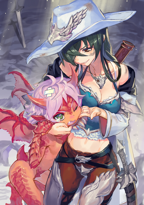 1boy, 1girl, arm_around_neck, arm_grab, bandaged_head, bandages, bodice, breasts