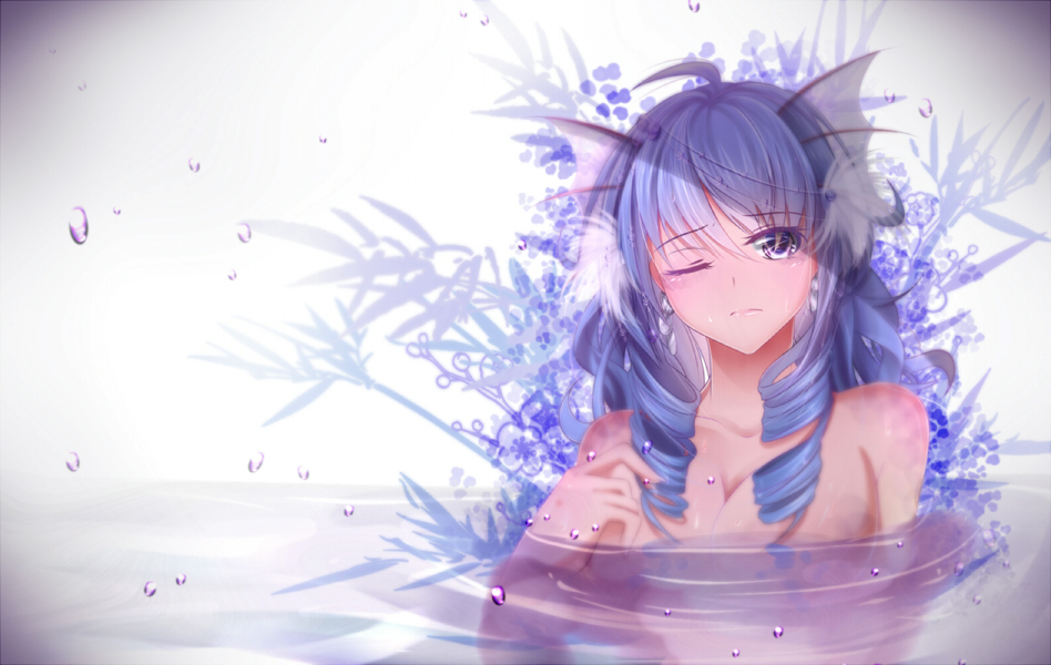1girl, animal_ears, blue_eyes, blue_hair, convenient_censoring, doc.lnn, drill_hair, head_fins