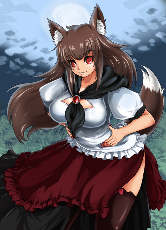 1girl, animal_ears, blush, breasts, brooch, brown_hair, dress, fingernails, imaizumi_kagerou, jewelry, long_hair, looking_at_viewer, nekuraneko, red_eyes, smile, solo, tail, touhou, wolf_ears, wolf_tail