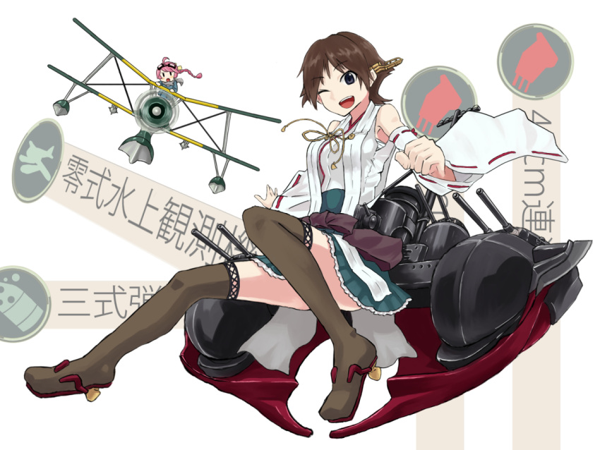 airplane, bare_shoulders, battasarada, biplane, blue_eyes, boots, brown_hair, cannon