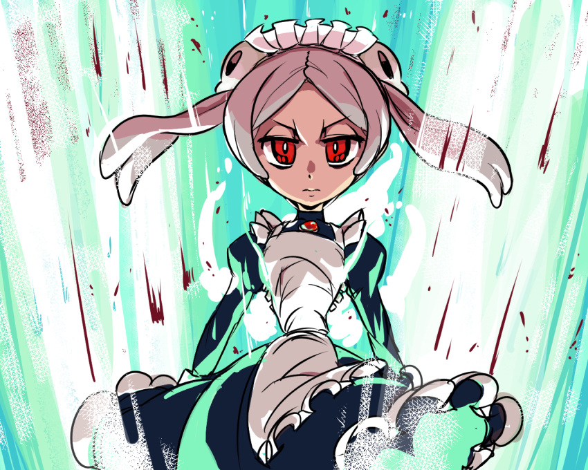 1girl, amulet, angry, apron, bloody_marie_(skullgirls), commentary, commentary_request, cowboy_shot