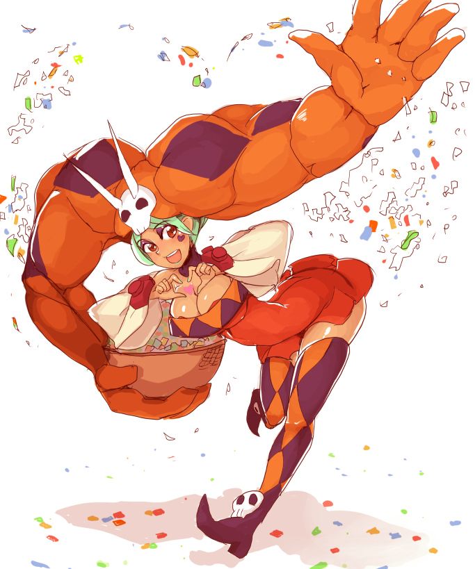 1girl, :d, bare_shoulders, basket, breasts, cerebella_(skullgirls), cleavage, confetti