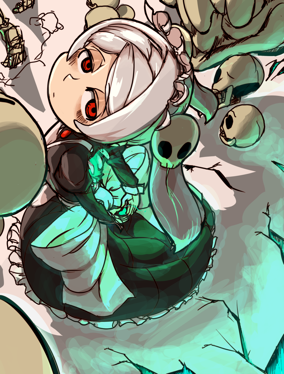 1girl, amulet, apron, bloody_marie_(skullgirls), blush, dress, from_above, hair_ornament