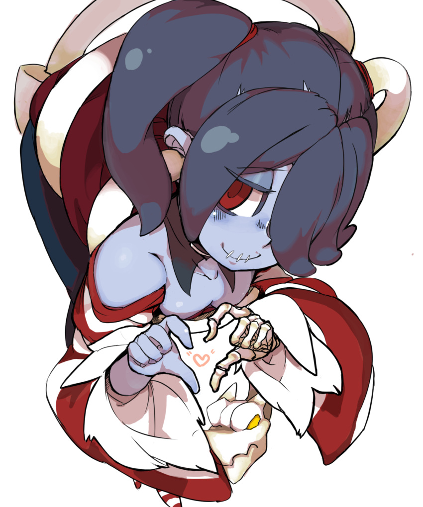 1girl, bare_shoulders, blue_hair, blue_skin, bone, breasts, cleavage, collarbone