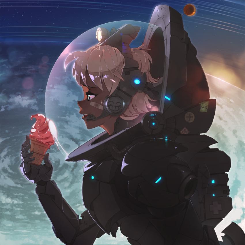 1girl, astronaut, bandaid, bandaid_on_face, bangs, blue_eyes, clouds, cowboy_bebop