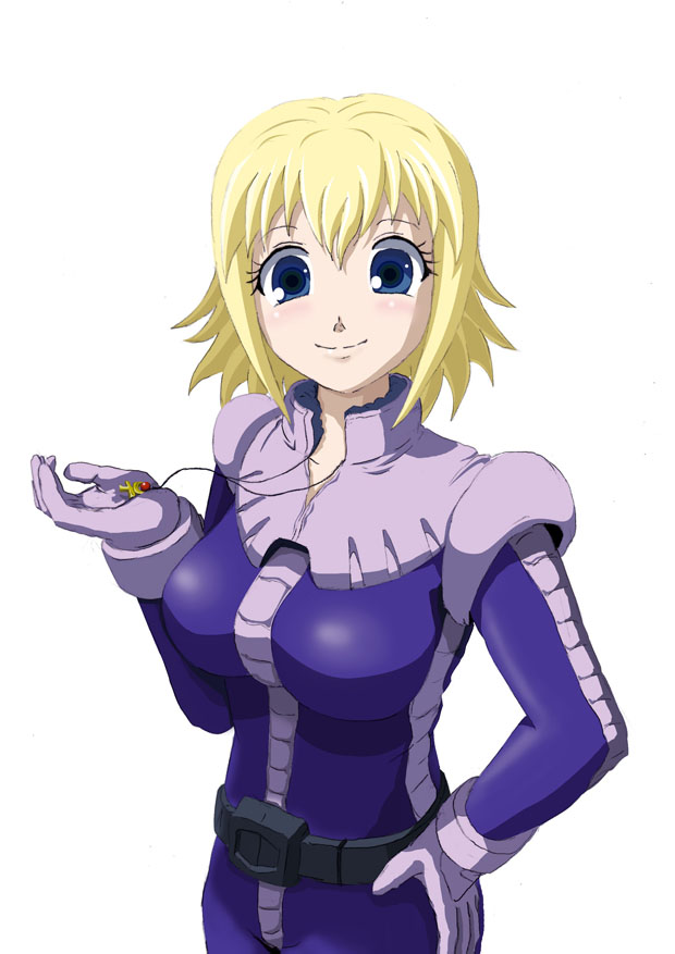 1girl, blonde_hair, blue_eyes, gingasansan, gundam, gundam_side_story:_from_place_beyond_the_blaze, hand_on_hip, jewelry, lilia_flaubert, pilot_suit, simple_background, smile, solo