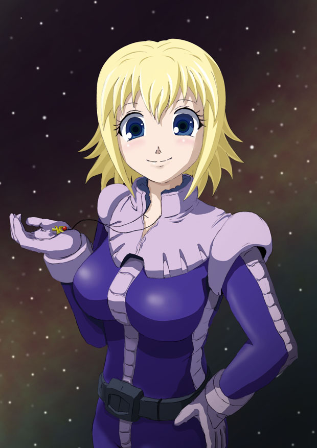 1girl, blonde_hair, blue_eyes, gingasansan, gundam, gundam_side_story:_from_place_beyond_the_blaze, hand_on_hip, jewelry, lilia_flaubert, pilot_suit, smile, solo